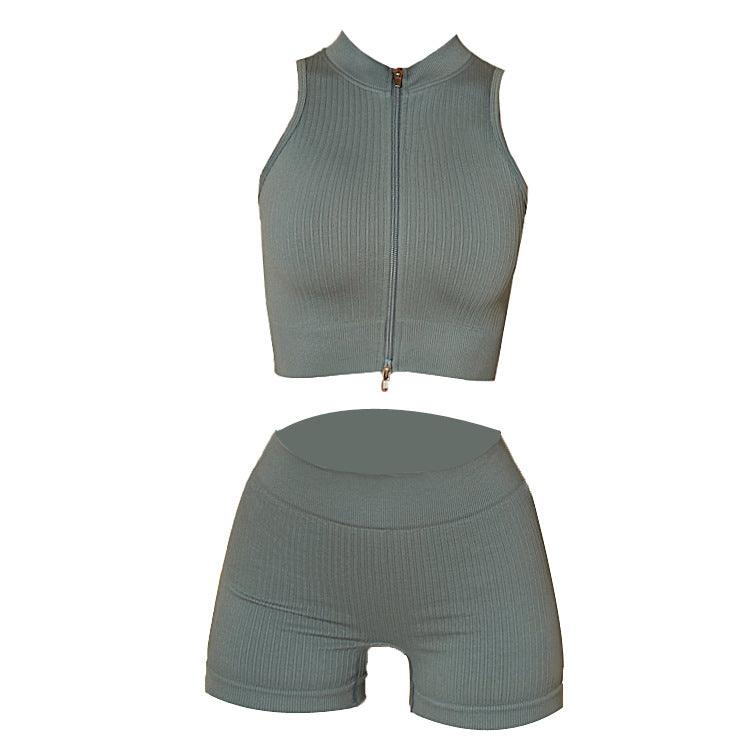 Hzori Seamless Thread Double Zipper Fitness Clothes Sports Suit for Women