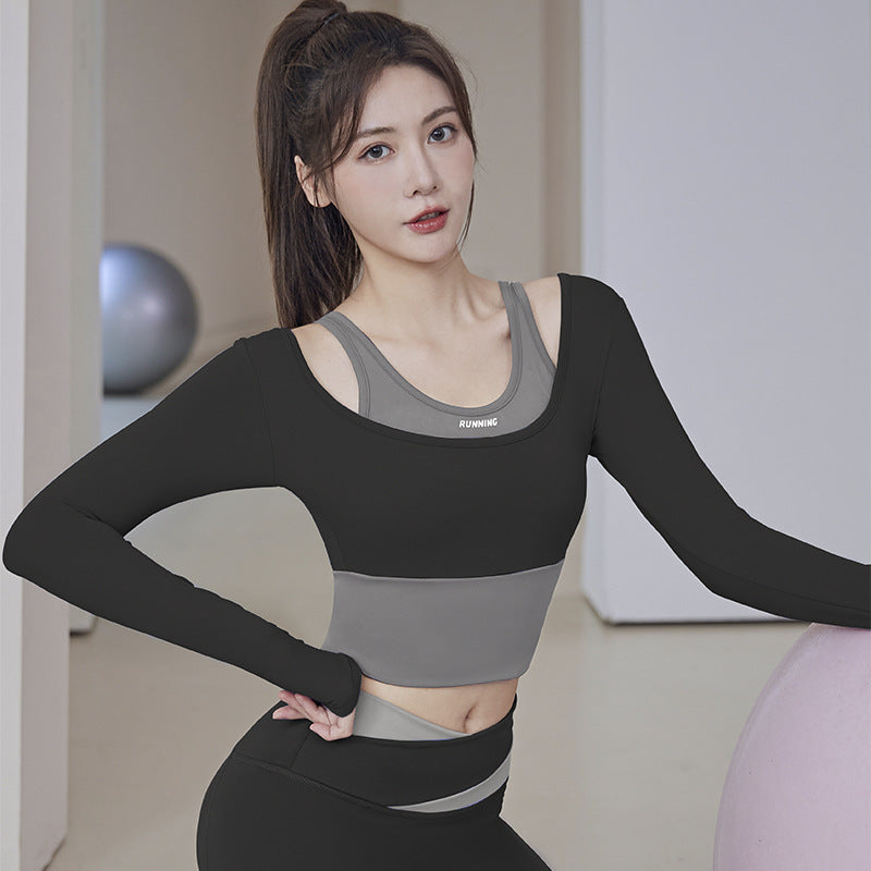 Hzori New Women's Quick-Drying Running Fitness Tight Fake Two-Piece Sports Top Suit with Chest Pad Long Sleeve Yoga Wear