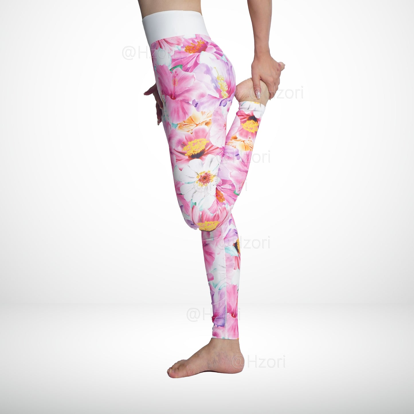 HZORI® |High Waist Printed Yoga Pants for Women, Tummy Control Running Sports Workout Yoga Leggings | Pink Flowers Element Style