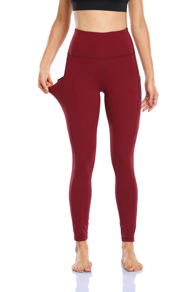 HZORI®|Women's High Waist Yoga Leggings with Pocket Tummy Control Squat Proof Pants Full Length Compression Leggings for Women|Wine Red