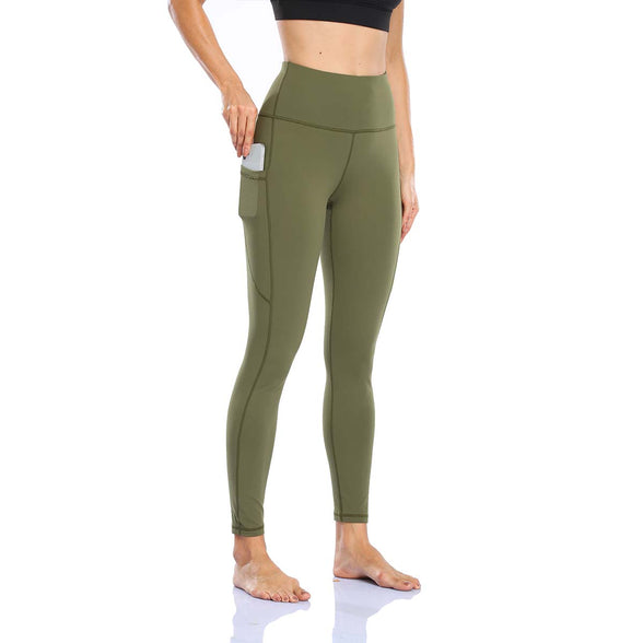 HZORI®|Women's High Waist Yoga Leggings with Pocket Tummy Control Squat Proof Pants Full Length Compression Leggings for Women|Army Green