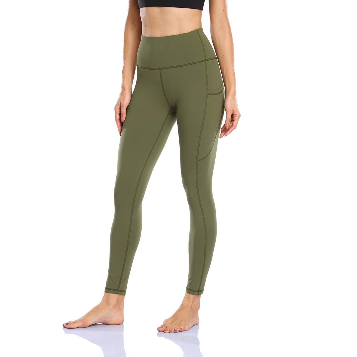 HZORI®|Women's High Waist Yoga Leggings with Pocket Tummy Control Squat Proof Pants Full Length Compression Leggings for Women|Army Green