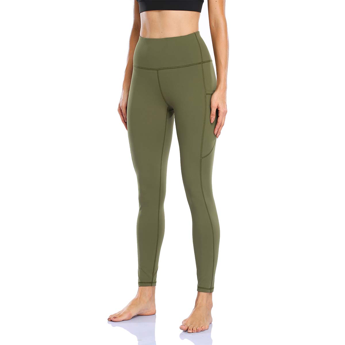 HZORI®|Women's High Waist Yoga Leggings with Pocket Tummy Control Squat Proof Pants Full Length Compression Leggings for Women|Army Green