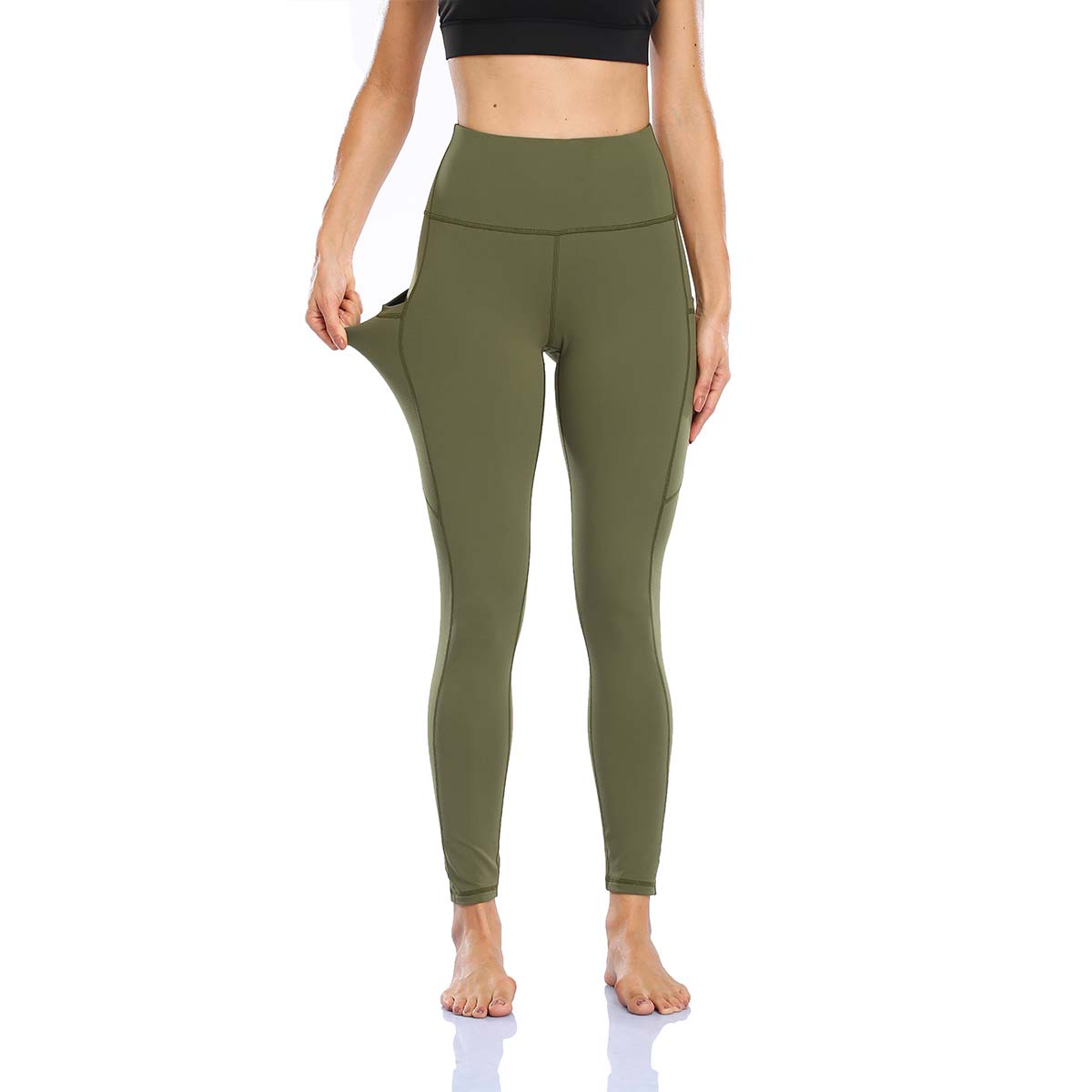 HZORI®|Women's High Waist Yoga Leggings with Pocket Tummy Control Squat Proof Pants Full Length Compression Leggings for Women|Army Green