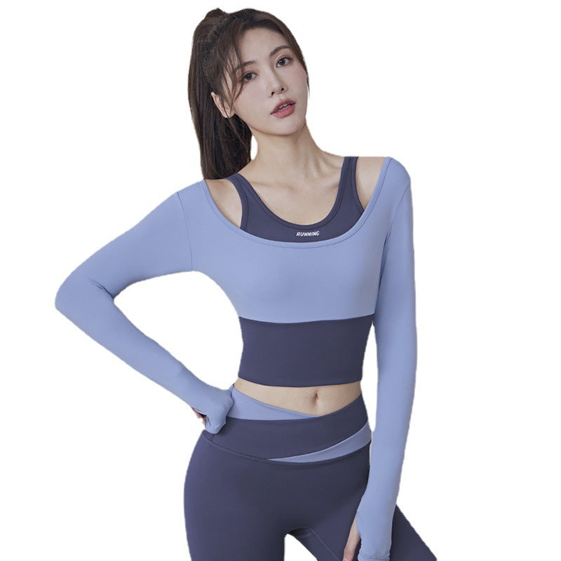 Hzori New Women's Quick-Drying Running Fitness Tight Fake Two-Piece Sports Top Suit with Chest Pad Long Sleeve Yoga Wear