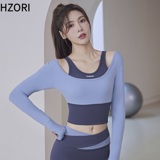 Hzori New Women's Quick-Drying Running Fitness Tight Fake Two-Piece Sports Top Suit with Chest Pad Long Sleeve Yoga Wear