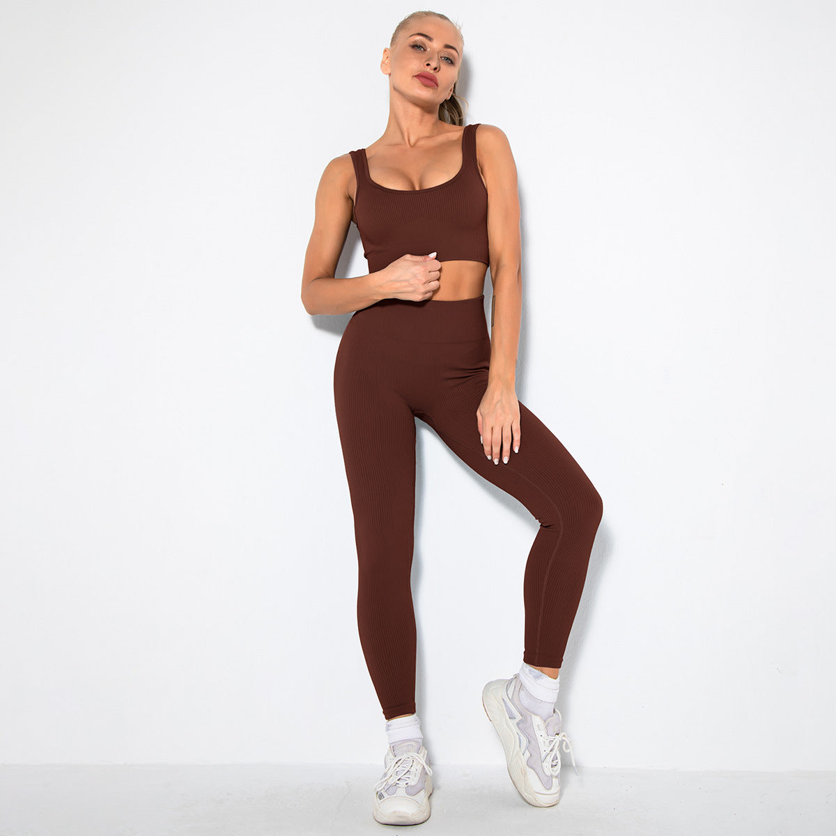 Hzori Sexy Seamless Knitted Thread Sexy Sports Vest Pants Yoga Clothes Fitness Suit Women