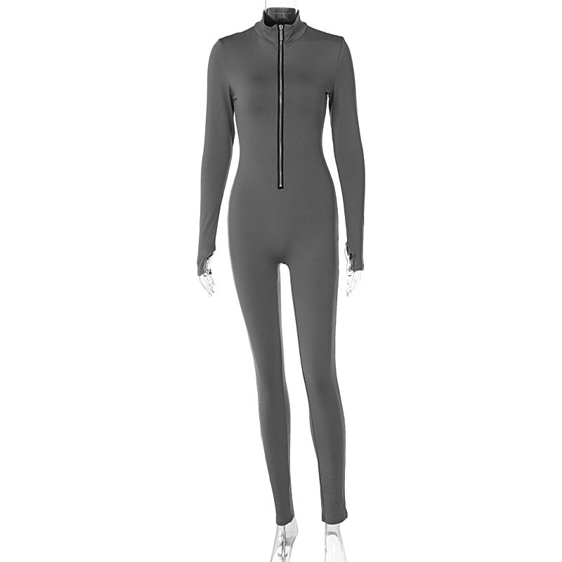 Hzori 2023 Autumn New Solid Color Long Sleeve Zipper Waist Slimming Sports Yoga Jumpsuit Women