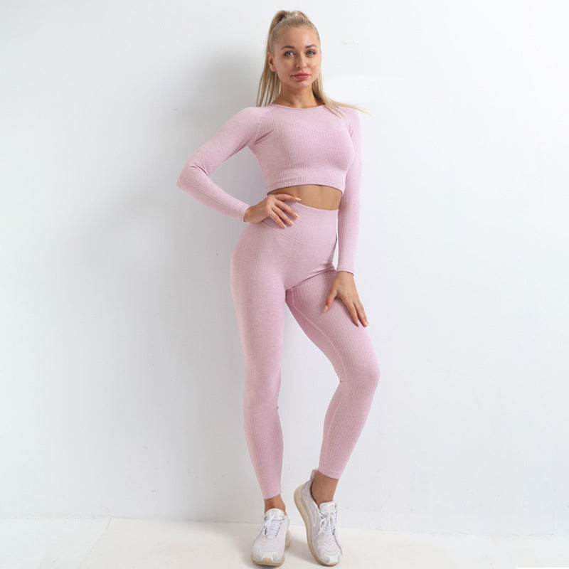 Hzori Thread Seamless Knitted Hip Yoga Suit Exercise Workout Outfit Long Sleeve Trousers Suit Women