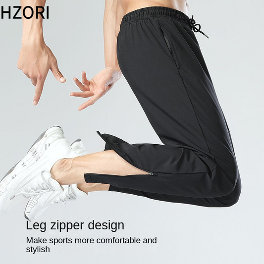 Hzori Sports Pants Men's Spring/Summer Ice Silk Quick-Drying Breathable Fitness Ankle Banded Drawstring Straight Casual Side Zipper Trousers Running Pants