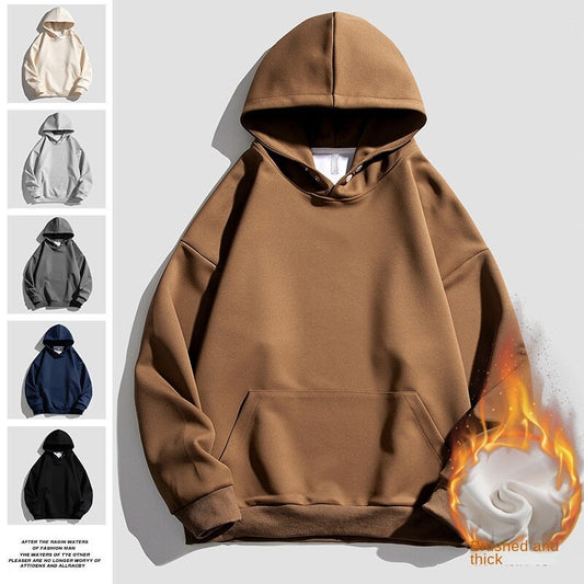 Hzori Solid Color Hooded Sweater Men's 400G Heavy Velvet Padded Drop Shoulder Top Loose Casual Hoodie Coat