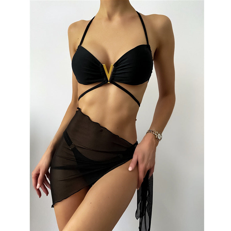 Hzori Bikini 2023 New V-Shaped Solid Color Lace-up Sexy Three-Piece Suit Swimsuit