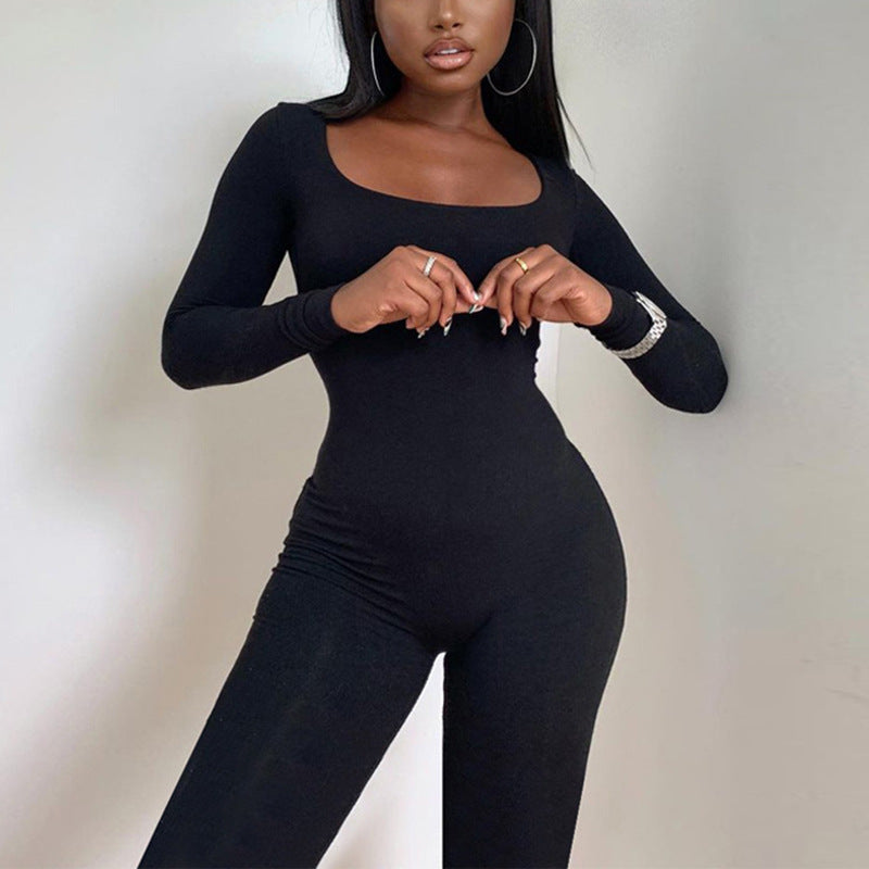 Hzori Slim Fit Hip Raise One-Piece Trousers Casual round Neck Long Sleeve Autumn and Winter Bottoming Skinny Jumpsuit Women's Clothing