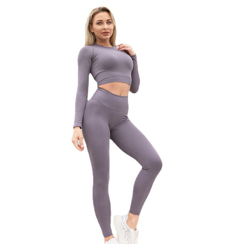 Hzori Long Sleeve Yoga Wear Seamless Tight Fitness Suit Women's Slim-Fit Rib Hip-Lifting Running Sportswear