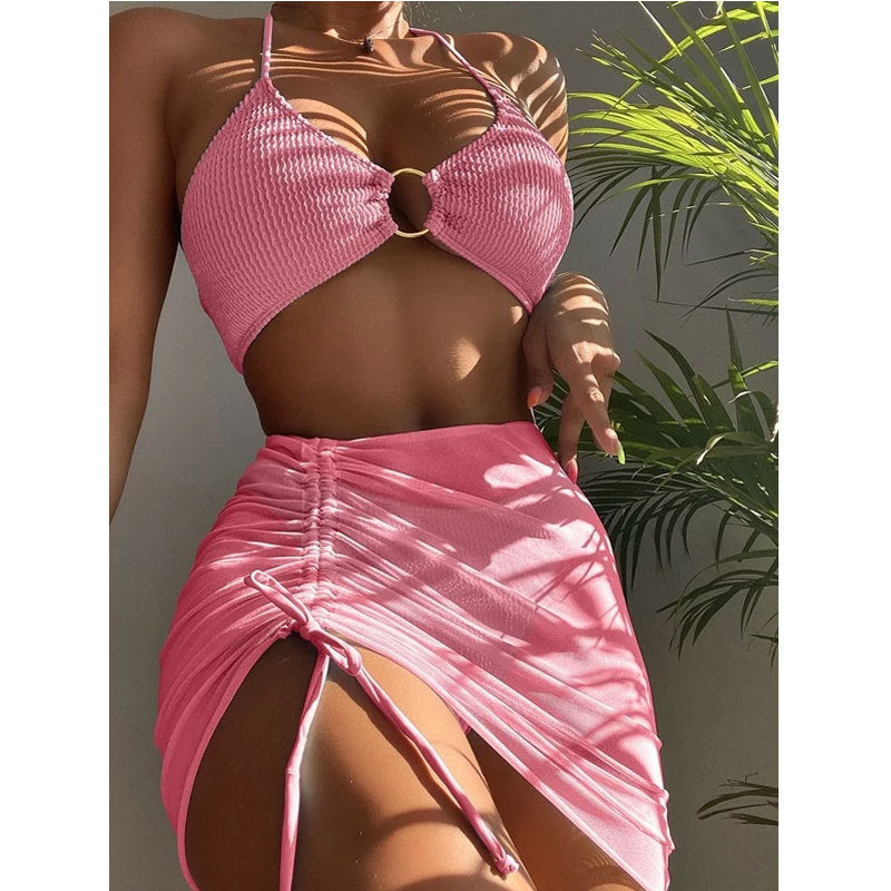 Hzori Split Swimsuit Women's Slim-Fit Solid Color Sexy Swimsuit Halter Three-Piece Bikini