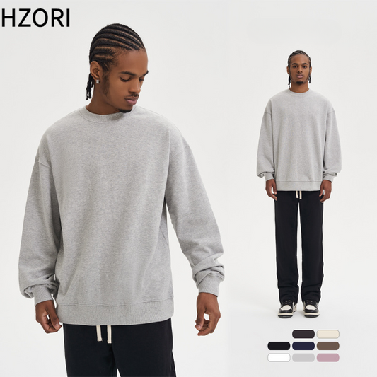 Hzori 2023 Spring New 370G Terry Cotton Solid Color round Neck Sweater Men's Fashion Brand Loose Retro