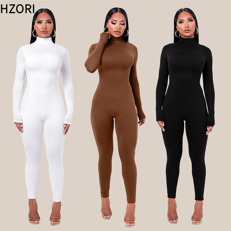 Hzori 2023 Autumn and Winter New Pure Color Tight Long Sleeve Fleece-Lined Jumpsuit Women's Clothing Yoga Bodysuit