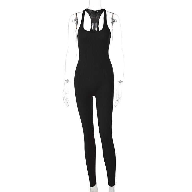 Hzori Sleeveless Backless Waist Trimming Jumpsuit Cross-Border Solid Color High Waist Tight Sports Yoga Jumpsuit