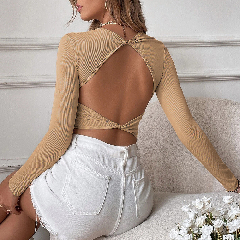 Hzori 2023 Cross-Border Women's Clothing Sexy Backless Casual Short Slim Knitted Long-Sleeved T-shirt Top Outer Wear Underwear