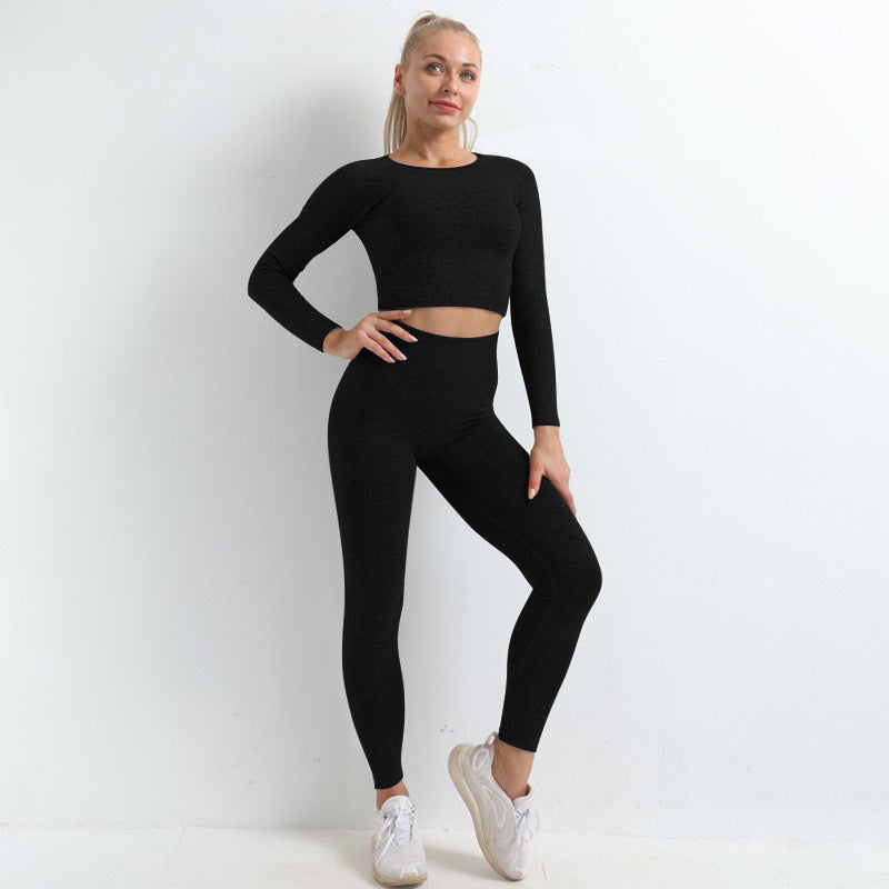 Hzori Thread Seamless Knitted Hip Yoga Suit Exercise Workout Outfit Long Sleeve Trousers Suit Women