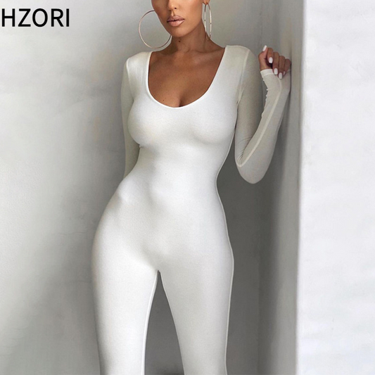 Hzori Slim Fit Hip Raise One-Piece Trousers Casual round Neck Long Sleeve Autumn and Winter Bottoming Skinny Jumpsuit Women's Clothing