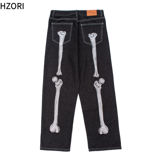 Hzori Dark Skeleton Embroidered Jeans Men's High Street Loose Wide Leg Pants Trendy Casual Straight Pants