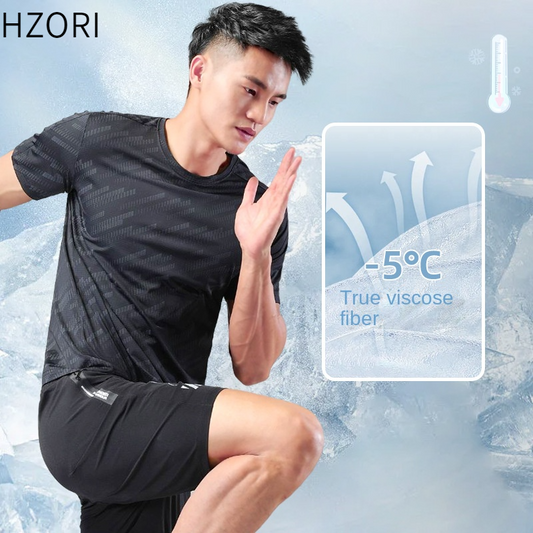 Hzori 2023 Meteor Shower Sports T-shirt Men's Summer Nylon Ice Silk Short Sleeve Men's Fitness Cool Running Quick Drying Clothes Men's