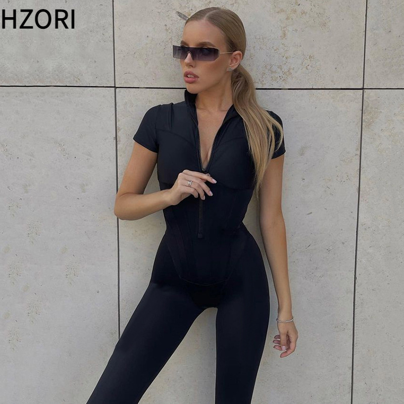 Hzori Sexy Tight Striped Jumpsuit Autumn and Winter New Fashion Short Sleeve Long Women's Clothing Can Be Worn outside