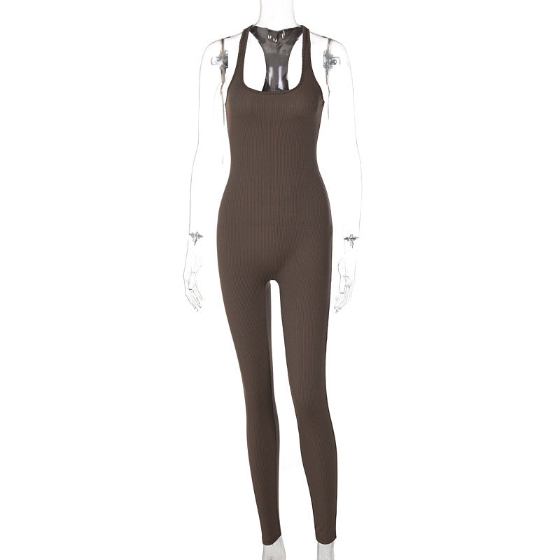 Hzori Sleeveless Backless Waist Trimming Jumpsuit Cross-Border Solid Color High Waist Tight Sports Yoga Jumpsuit