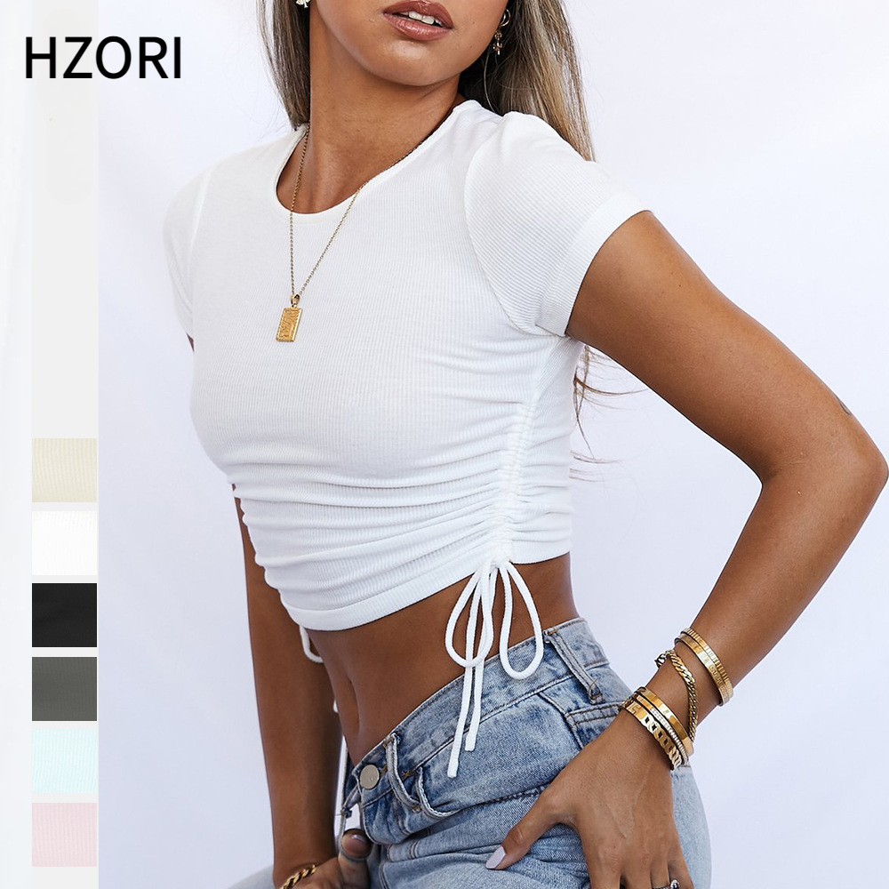 Hzori Amazon Summer Fashion Sexy Stripe Navel Short Drawstring Lace-up round Neck Short Sleeve T-shirt Women's Top