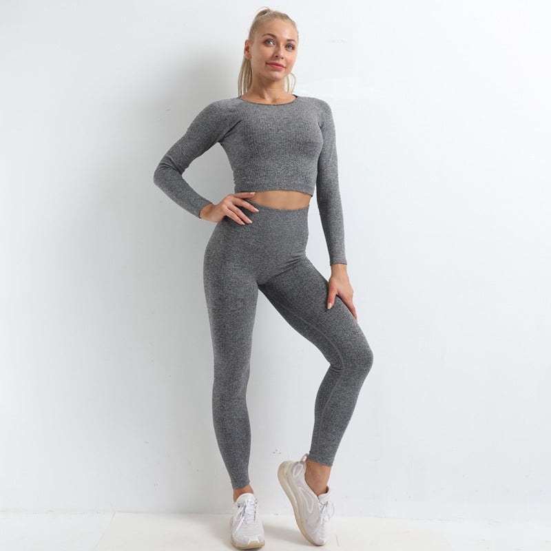 Hzori Thread Seamless Knitted Hip Yoga Suit Exercise Workout Outfit Long Sleeve Trousers Suit Women