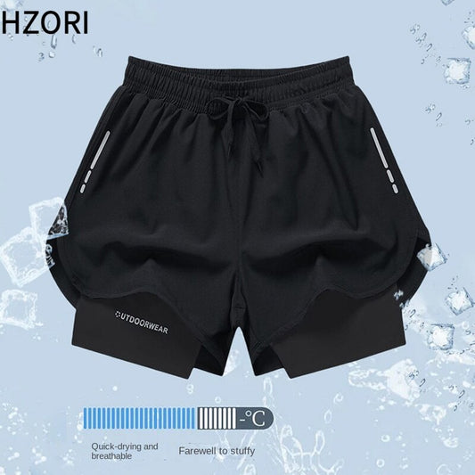 Hzori Quick-Drying Sports Shorts for Men Basketball Marathon Running Fitness Short Shorts Fake Two-Piece Anti-Exposure Swimming Trunks