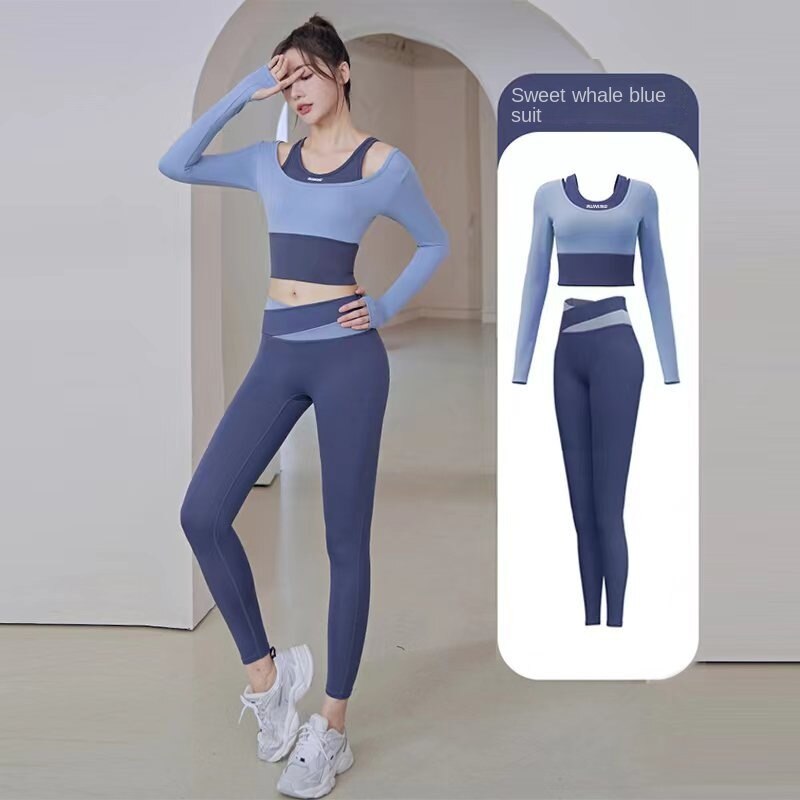 Hzori New Women's Quick-Drying Running Fitness Tight Fake Two-Piece Sports Top Suit with Chest Pad Long Sleeve Yoga Wear