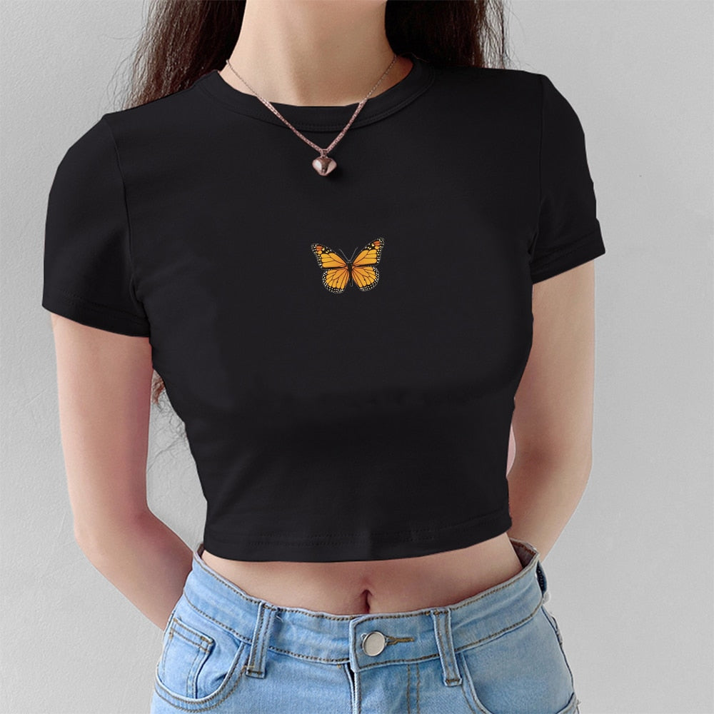 HZORI® | Ladies Cropped Butterfly Print Tight Tee Shirts