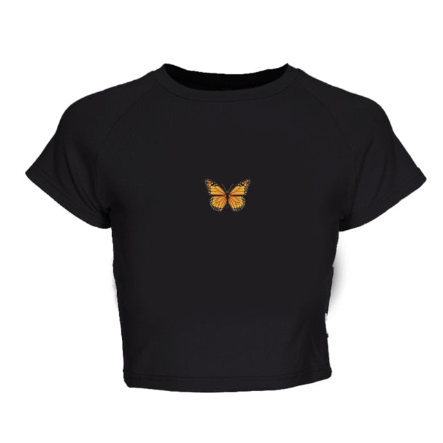 HZORI® | Ladies Cropped Butterfly Print Tight Tee Shirts