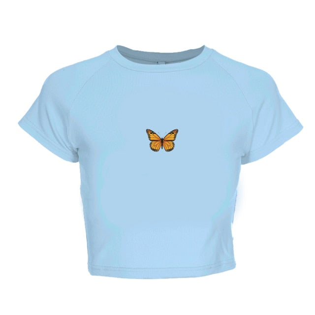 HZORI® | Ladies Cropped Butterfly Print Tight Tee Shirts