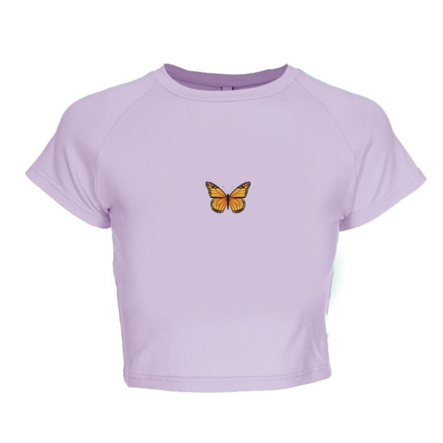 HZORI® | Ladies Cropped Butterfly Print Tight Tee Shirts