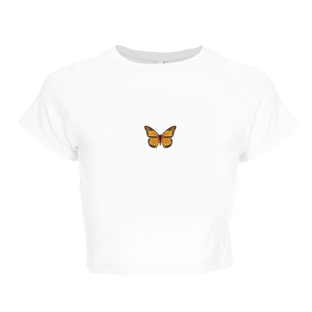 HZORI® | Ladies Cropped Butterfly Print Tight Tee Shirts